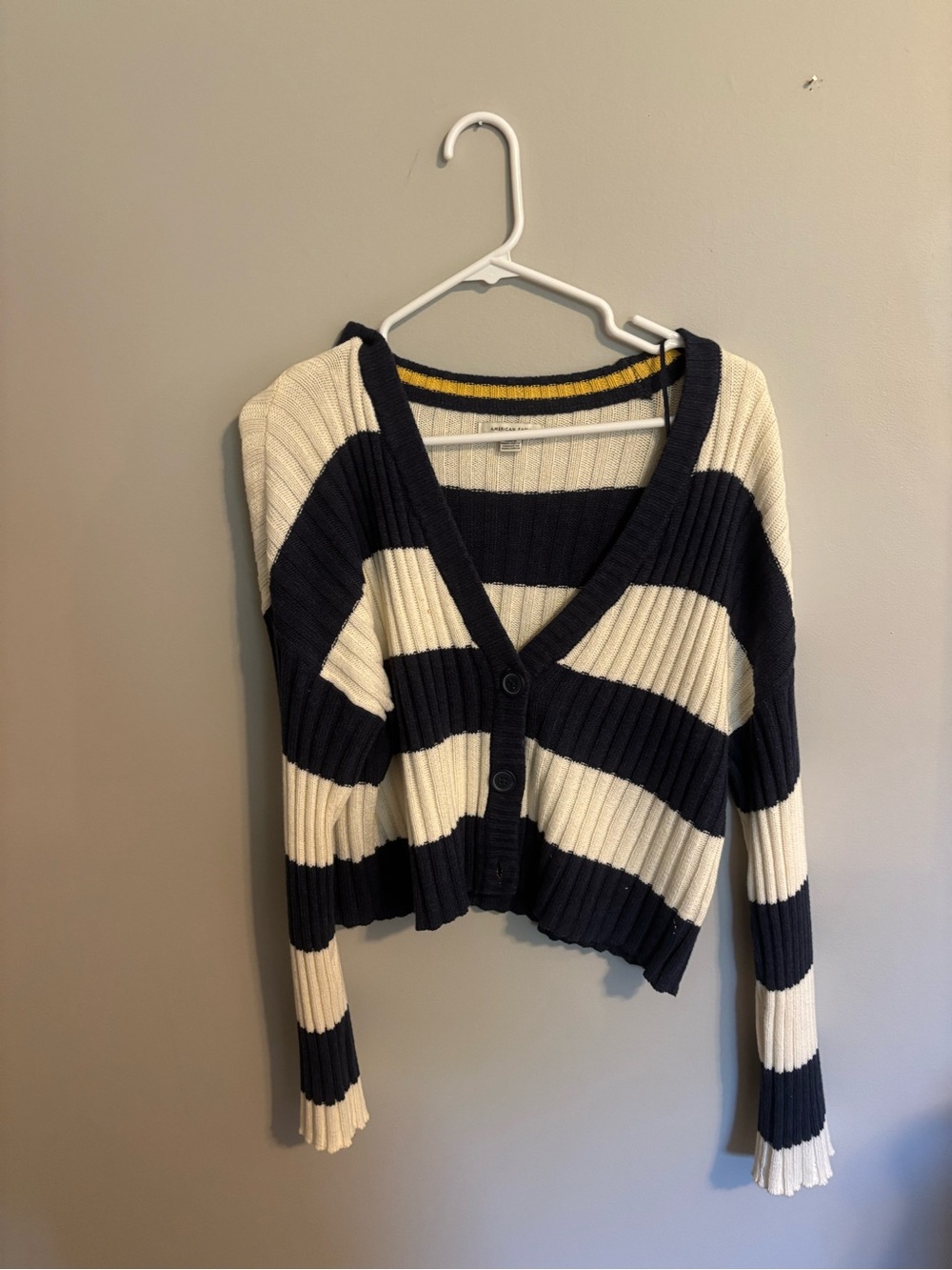 American Eagle Outfitters Navy and Cream Striped Ribbed V‑Neck Cardigan
